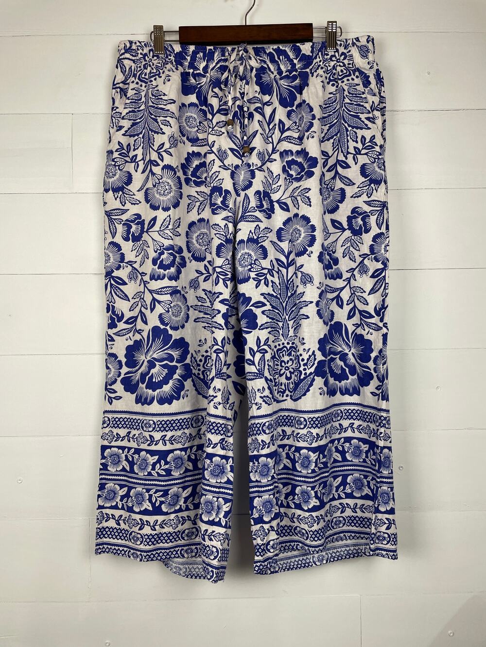 Rachel Zoe Blue White Floral Linen Blend Wide Leg Cropped Pants Plus Size 1X